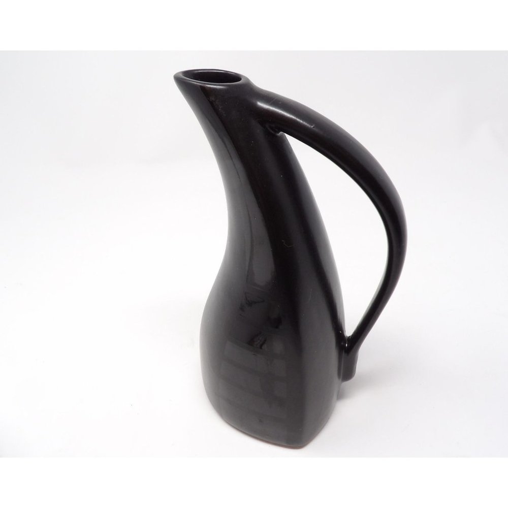 Vintage Black Tone on Tone Glazed Ceramic Pitcher Matte with Glossy Stripes Uniq